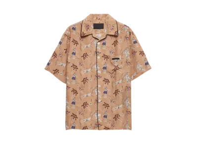 PRADA Men's Printed Silk Blend Bowling Shirt "Cameo Beige"