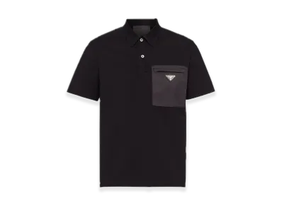 PRADA Stretch Cotton Polo Shirt with Re-Nylon Detail "Black"