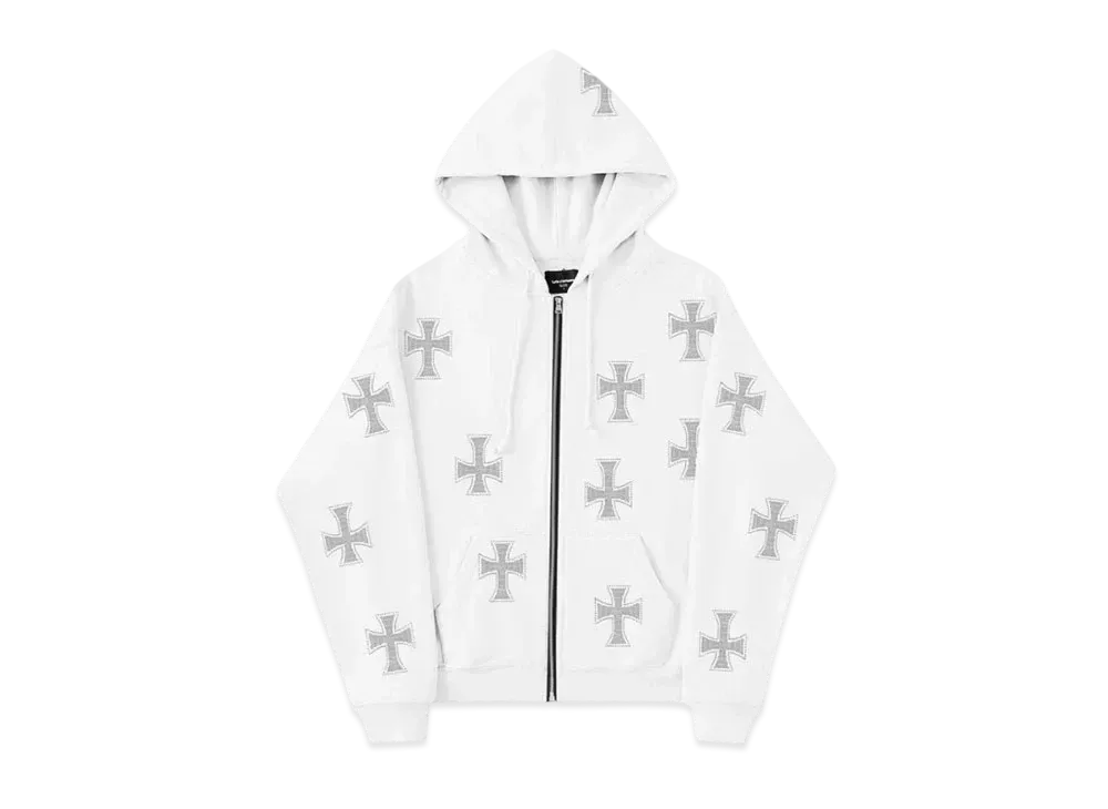 Unknown London Rhinestone Cross Zip Hoodie "White"