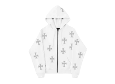 Unknown London Rhinestone Cross Zip Hoodie "White"