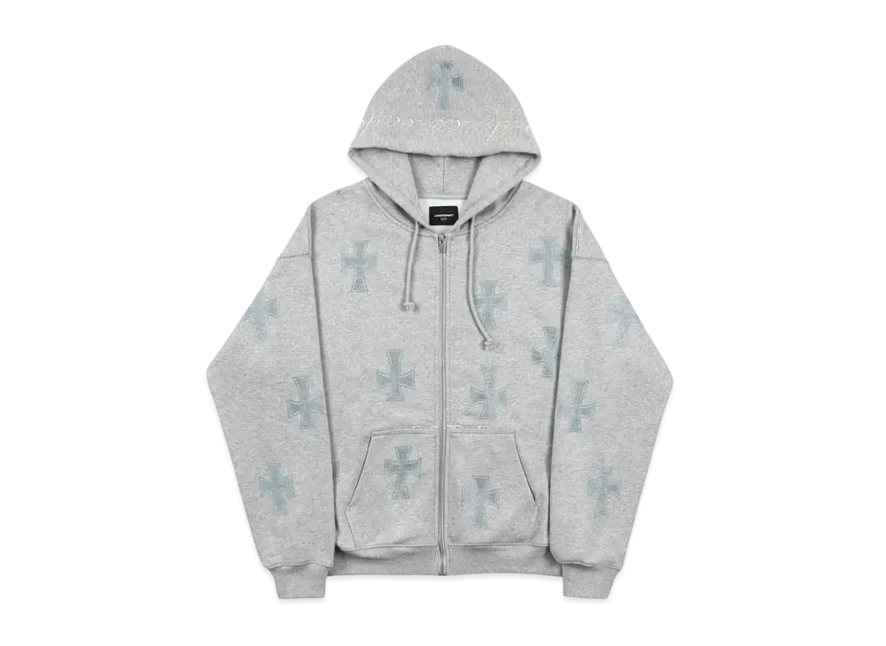 Unknown London Crosses Rhinestone Zip Hoodie "Grey"