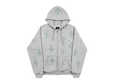 Unknown London Crosses Rhinestone Zip Hoodie "Grey"