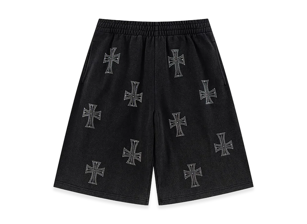 Unknown London Outline Cross Rhinestone Baggy Sweat Shorts "Black"
