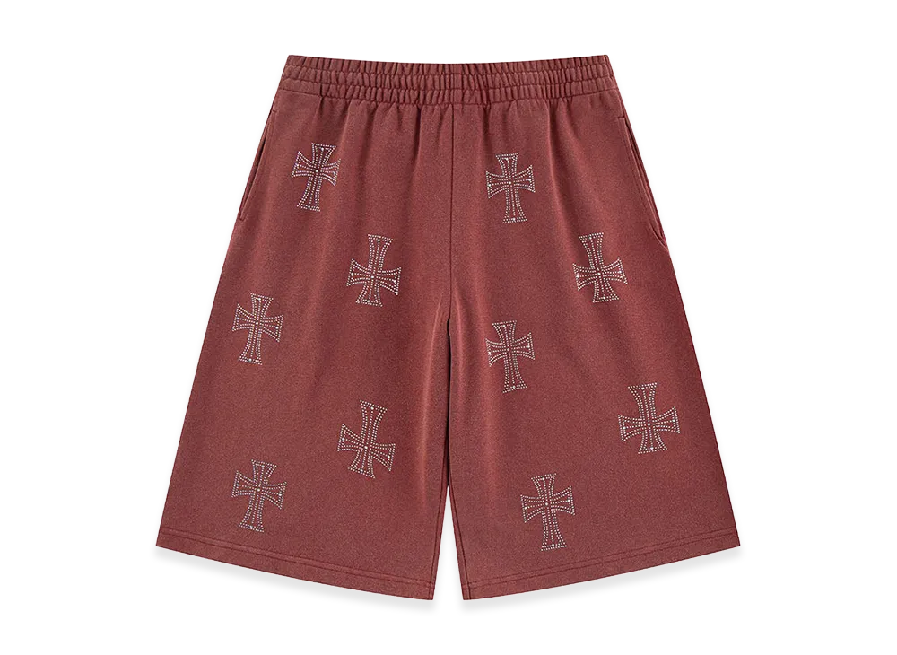 Unknown London Outline Cross Rhinestone Baggy Sweat Shorts "Red"
