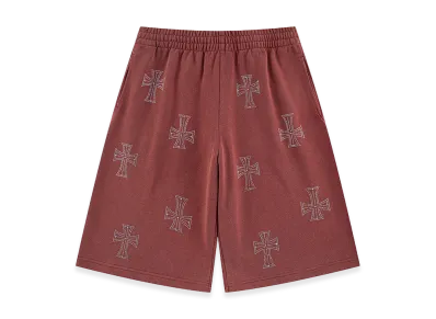 Unknown London Outline Cross Rhinestone Baggy Sweat Shorts "Red"