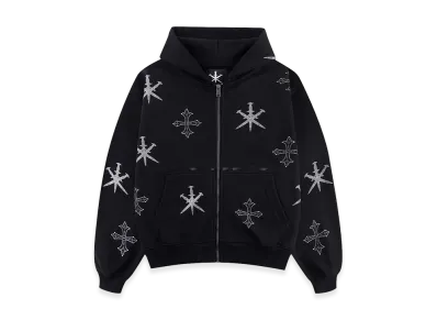 Unknown London Dagger Cross Rhinestone Zip Hoodie "Black"