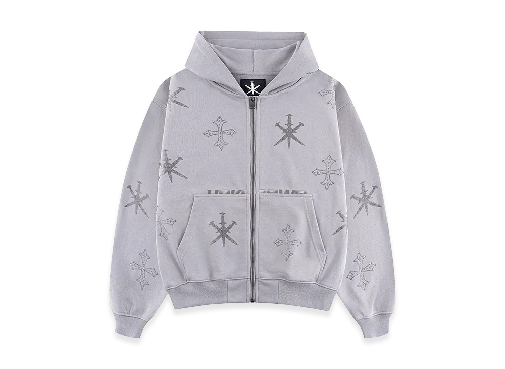 Unknown London Dagger Cross Rhinestone Zip Hoodie "Gray"