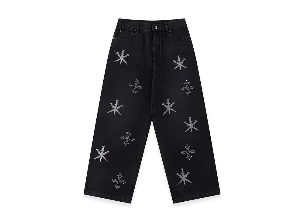 Unknown London Dagger Cross Rhinestone Baggy Denim Pants "Black"