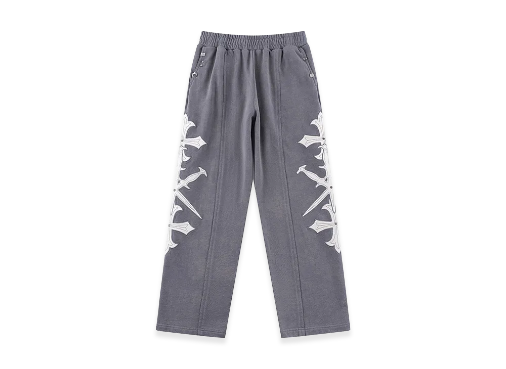 Unknown London Dagger Cross Leather Patch Baggy Jogger Pants "Gray"