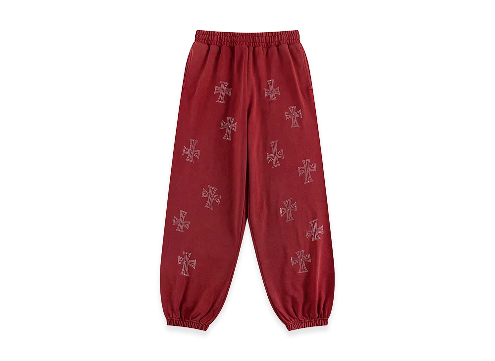 Unknown London Outline Cross Rhinestone Sweat Pants "Red"