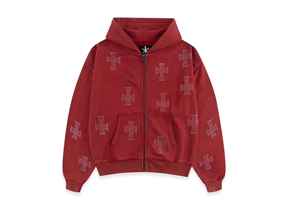Unknown London Outline Cross Rhinestone Zip Hoodie "Red"