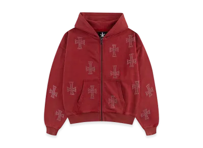 Unknown London Outline Cross Rhinestone Zip Hoodie "Red"