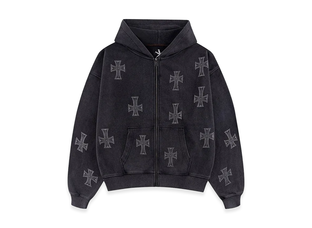 Unknown London Outline Cross Rhinestone Zip Hoodie "Black"