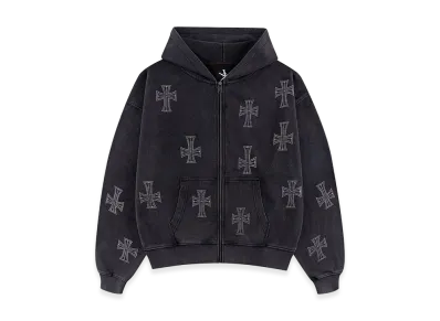 Unknown London Outline Cross Rhinestone Zip Hoodie "Black"