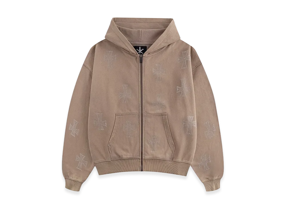 Unknown London Outline Cross Rhinestone Zip Hoodie "Beige"