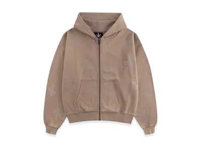 Unknown London Outline Cross Rhinestone Zip Hoodie "Beige"