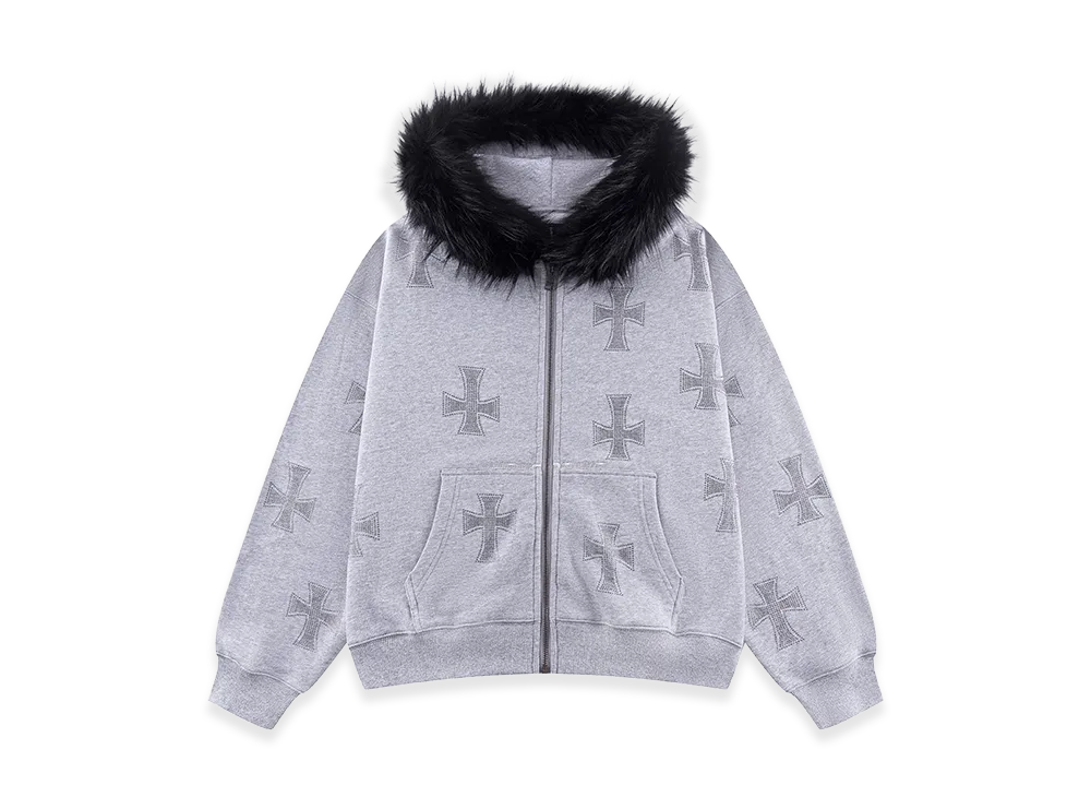 Unknown London Allover Cross Rhinestone Faux Fur Zip Hoodie "Grey/Black "
