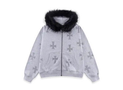 Unknown London Allover Cross Rhinestone Faux Fur Zip Hoodie "Grey/Black "
