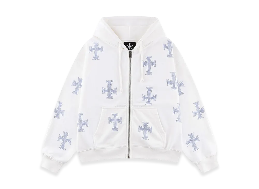 Unknown London Allover Cross Rhinestone Faux Fur Zip Hoodie "White/Blue "