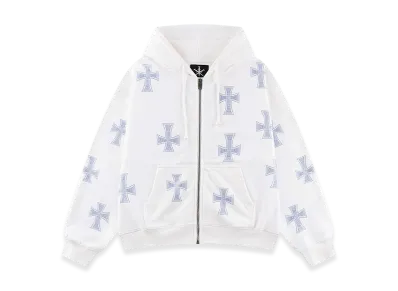 Unknown London Allover Cross Rhinestone Faux Fur Zip Hoodie "White/Blue "