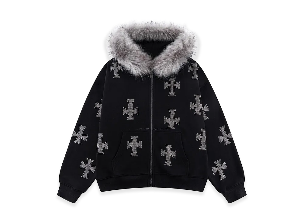 Unknown London Allover Cross Rhinestone Faux Fur Zip Hoodie "Black/Silver "