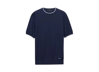 PRADA Men's Short-Sleeved Silk and Cotton Sweater "Navy"