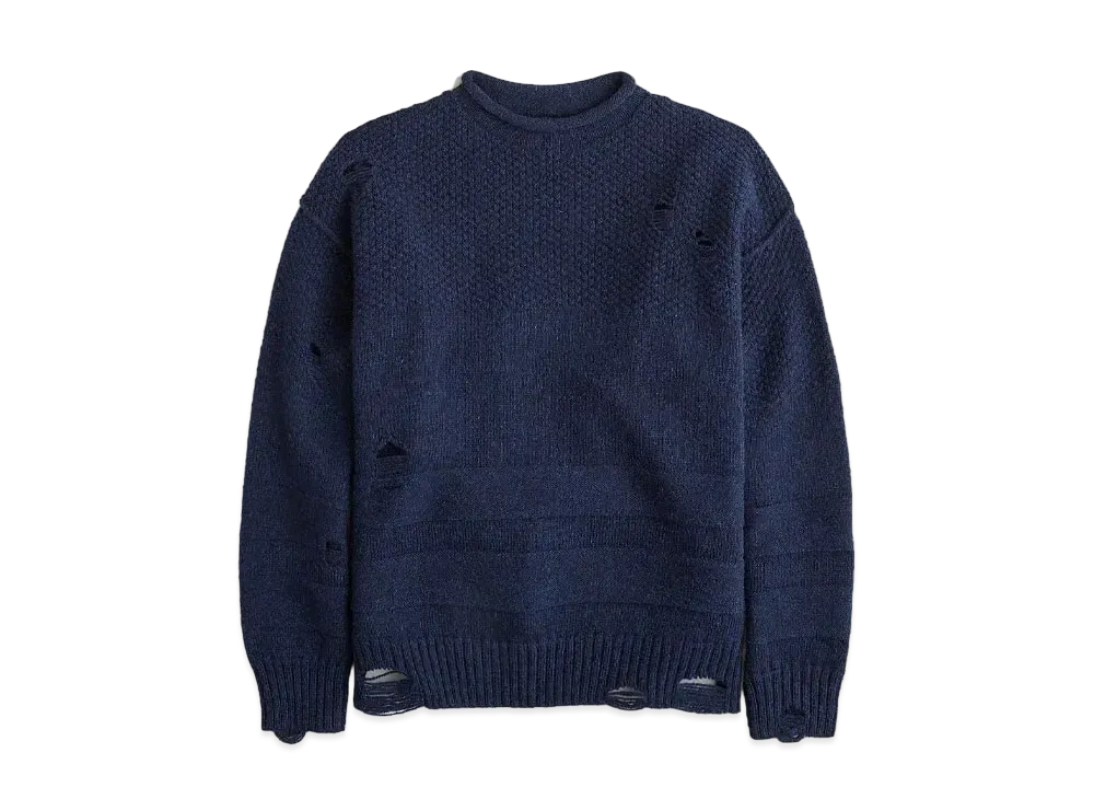 UNION x J.Crew Rollneck Distressed Duernsey-Stitch Wool Sweater "Midnight Blue"