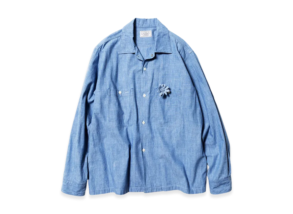 Unlikely Open Collar Work Chambray with Flower "Indigo"