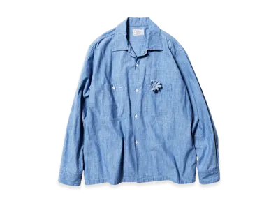 Unlikely Open Collar Work Chambray with Flower "Indigo"