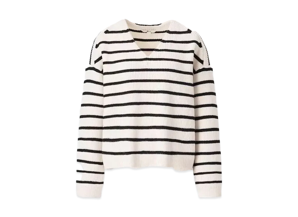 Uniqlo :C Border V-Neck Short Sweater (Long Sleeve) "Off White"