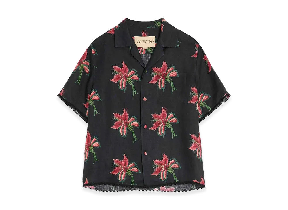 Valentino Linen Bowling Shirt With Papier Floral Print "Nero/Magenta/Ro"