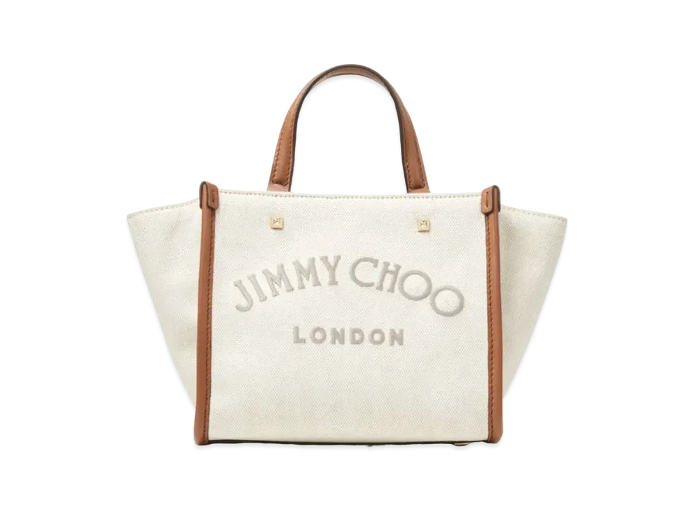 Jimmy Choo Avenue Tote/S Natura Recycle Cotton Canvas Soft Shiny Calf Leather With Logo Tote Bag "Dark Tan"