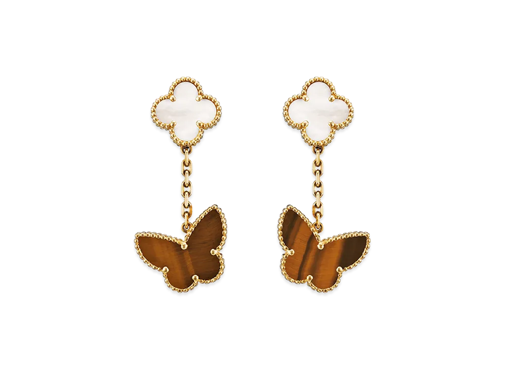 Van Cleef & Arpels Lucky Alhambra earrings 2 motifs "18K Yellow gold/Tiger's eye/Mother-of-pearl"