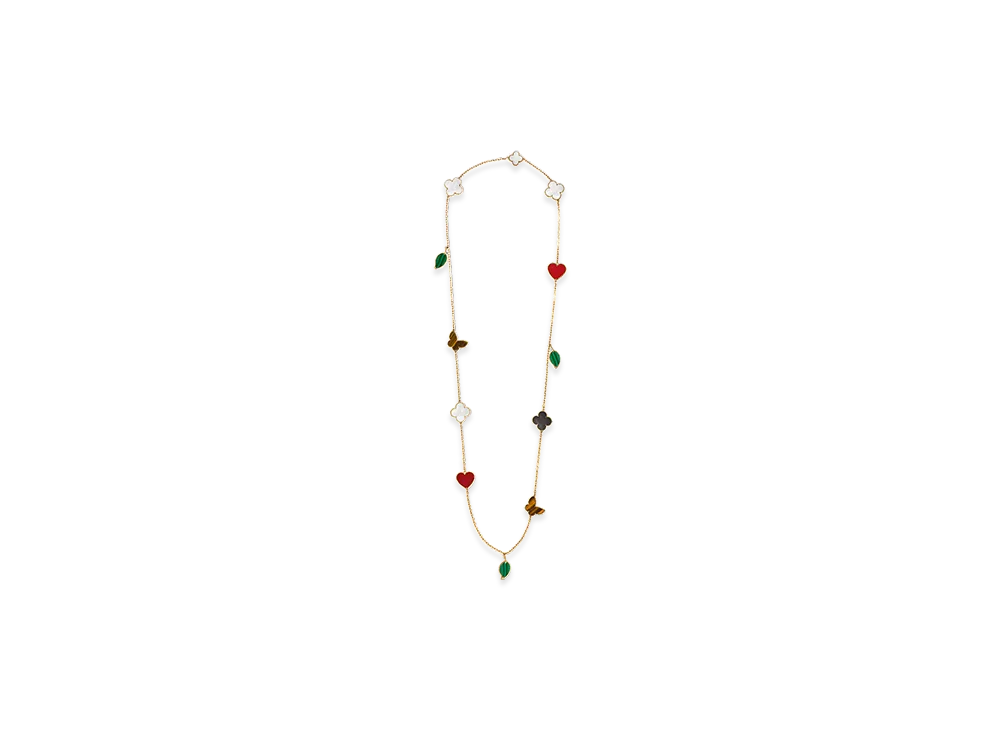 Van Cleef & Arpels Lucky Alhambra long necklace 12 motifs "18K Yellow gold/Carnelian/Tiger's eye/Mother-of-pearl/Malachite"