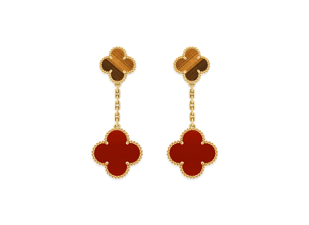 Van Cleef & Arpels Magic Alhambra earrings 2 motifs "18K Yellow gold/Carnelian/Tiger's eye"