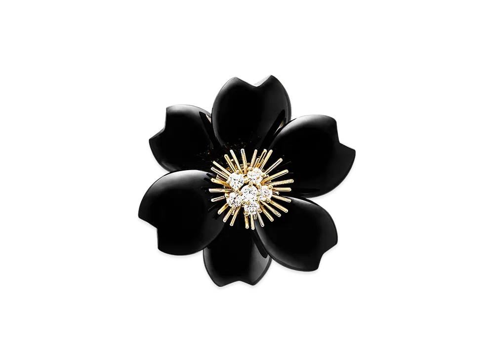 Van Cleef & Arpels Rose de Noel clip medium model "18K Yellow gold/Onyx/Diamond"