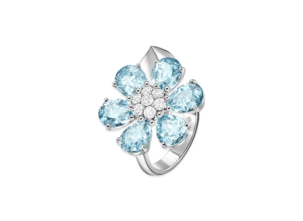 Van Cleef & Arpels Fleurette ring "18K White gold/Aquamarine/Diamond"