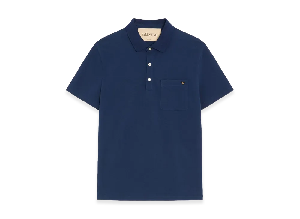 Valentino Polo Shirt In Cotton Pique With V Gold "Indaco"