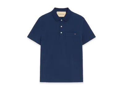 Valentino Polo Shirt In Cotton Pique With V Gold "Indaco"