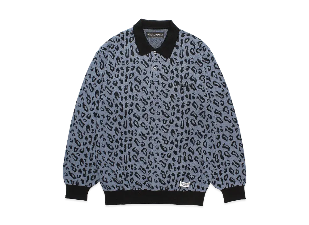 WACKO MARIA Leopard Jacquard Knit Polo Shirt "Blue"