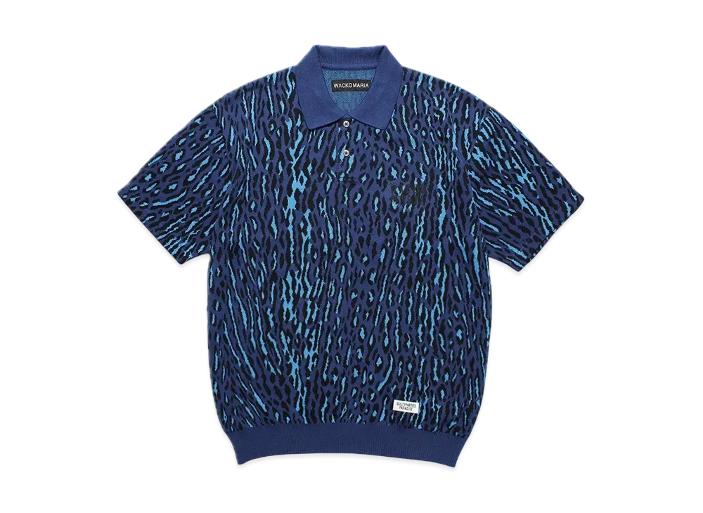 WACKO MARIA Leopard Jacquard Knit Polo Shirt "Navy"