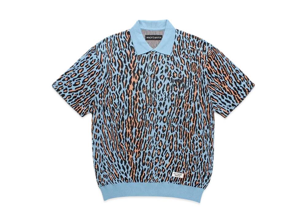 WACKO MARIA Leopard Jacquard Knit Polo Shirt "Light Blue"
