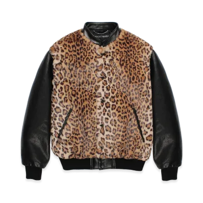 WACKO MARIA Leopard Faux Fur Leather Virsity Jacket "Black"