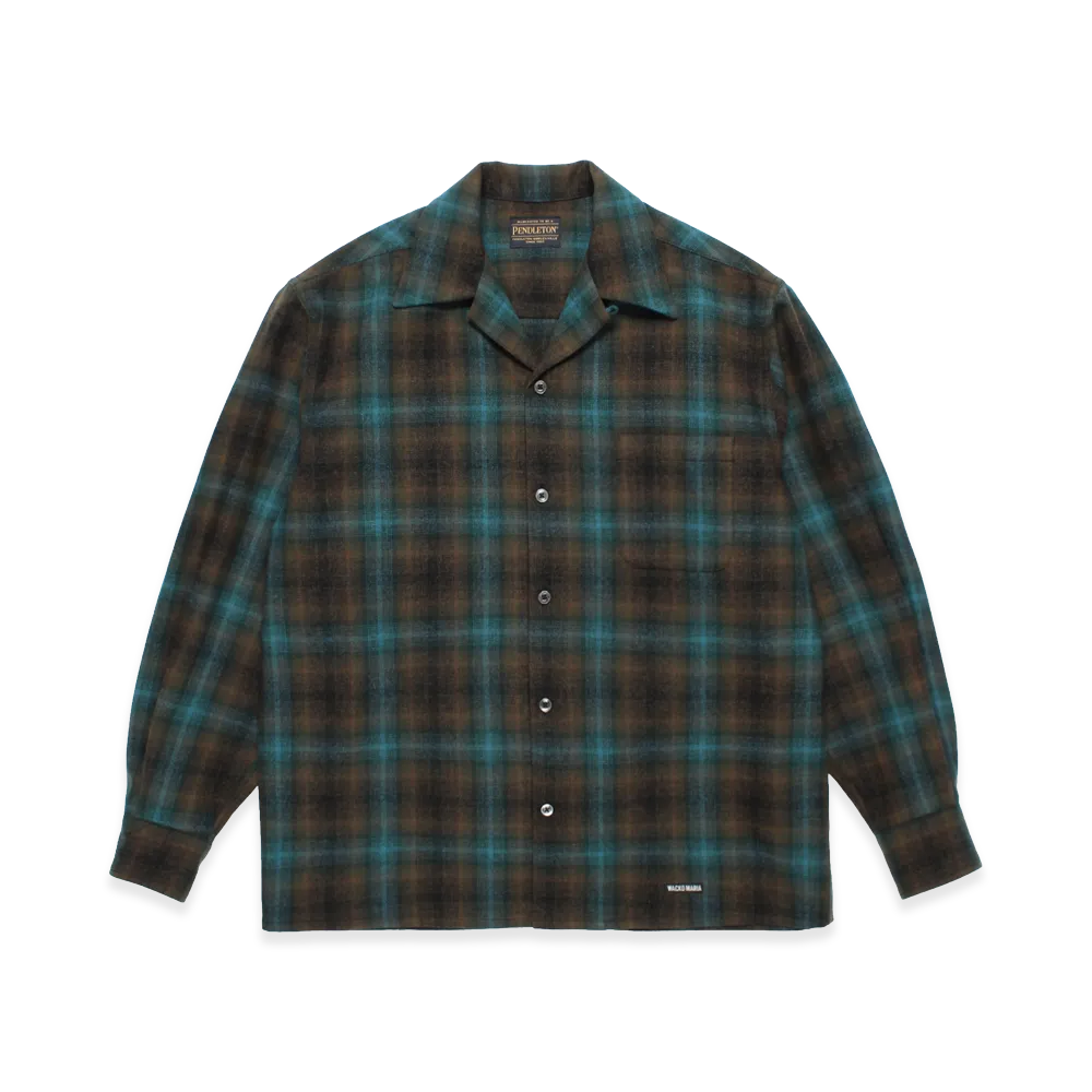 WACKO MARIA Pendleton / Wool Ombre Check Open Collar Shirt "Green"