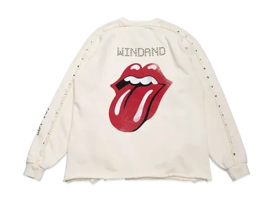 WIND AND SEA x The Rolling Stones Studs And Rhine Stones Crewneck Sweatshirt "Ecru"