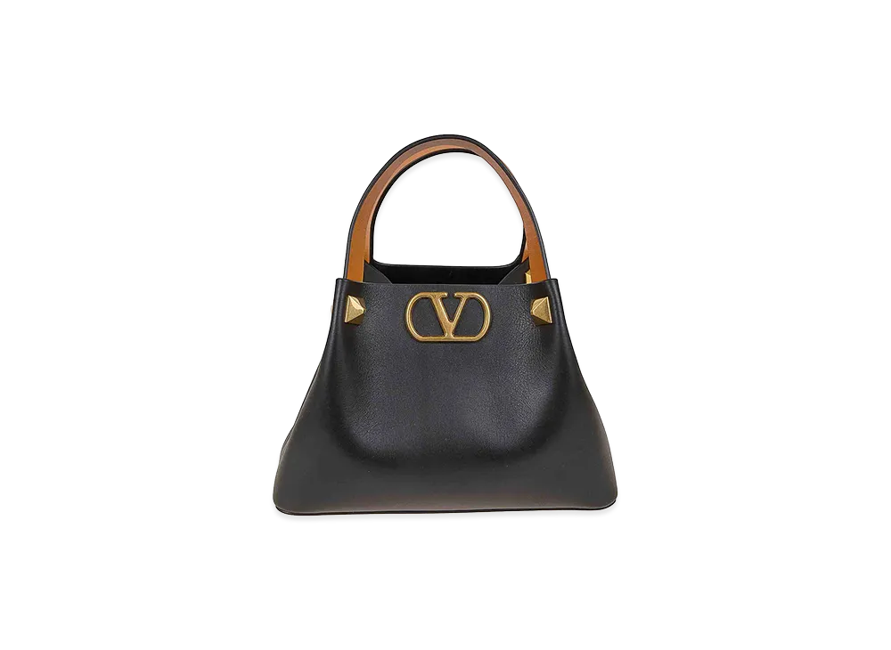Valentino Women's Small Tote V Logo Signature Vitello M./Vac.Liscia/A.Brass Macro Stud "Black"