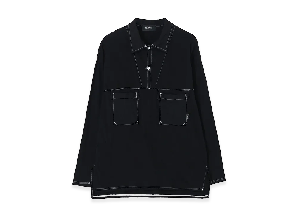 WILDSIDE YOHJI YAMAMOTO Cotton Jersey Collared Pocket Long Sleeve T-shirt (Garment Dye) "Black"