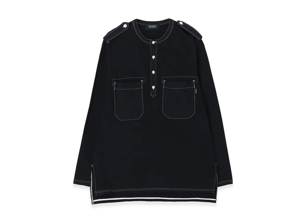 WILDSIDE YOHJI YAMAMOTO Cotton Jersey Shoulder Strap Henley Neck Long Sleeve T-shirt (Garment Dye) "Black"