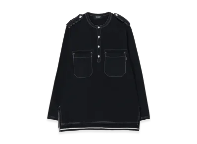 WILDSIDE YOHJI YAMAMOTO Cotton Jersey Shoulder Strap Henley Neck Long Sleeve T-shirt (Garment Dye) "Black"