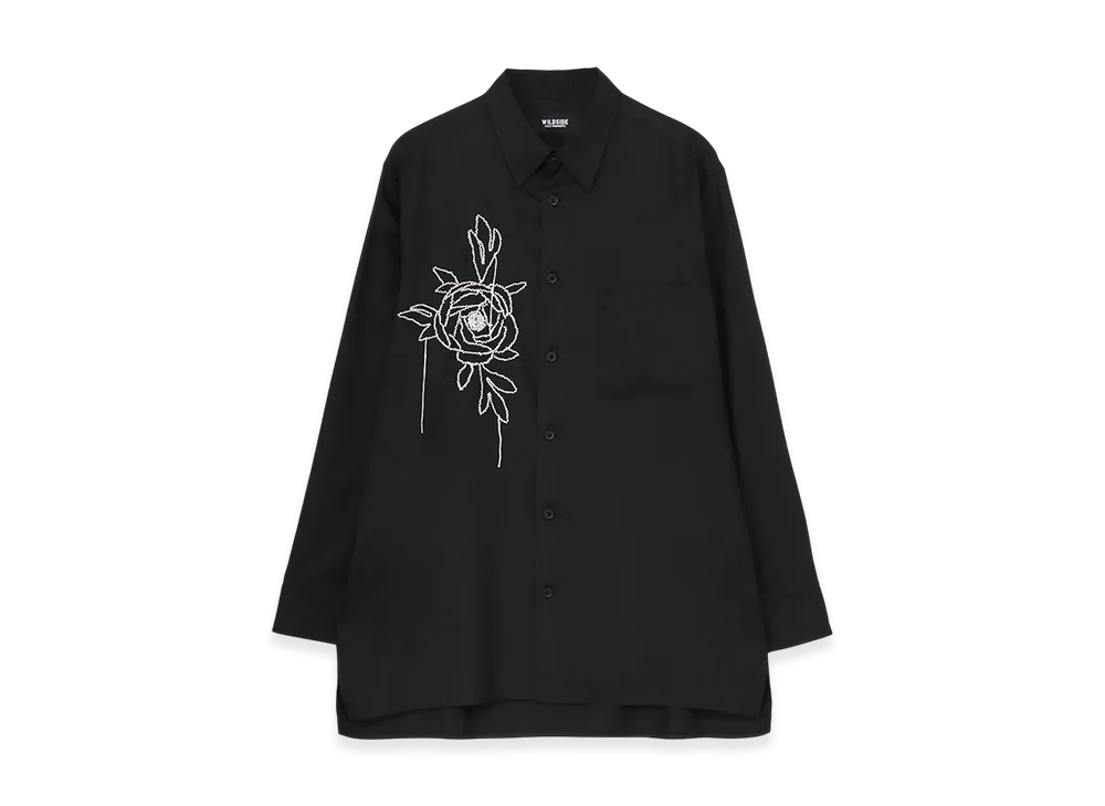 WILDSIDE YOHJI YAMAMOTO T/R Twill Floral Thread-Drop Embroidered Shirt "Black"